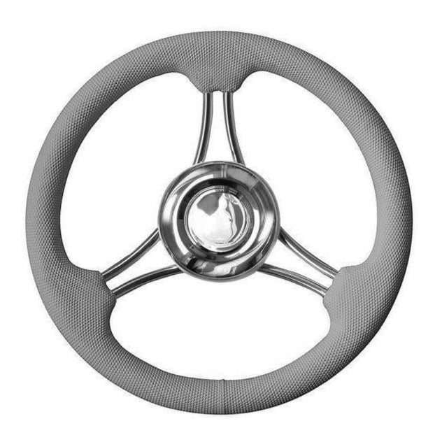 Stuurwiel T22RG/35 – Grijs met RVS, Ø350 mm, PU-schuimbekleding, 6 gebogen spaken.