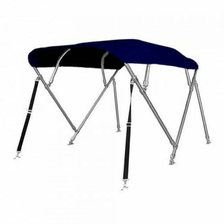 Navy blauwe Sunmaster 4-boogs biminitop van RVS 22 mm met doek, hoes en achtersteunen, lengte 244 cm, hoogte 137 cm.