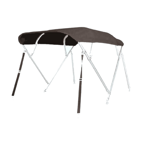Antracietgrijze 4-boogs biminitop van RVS 22 mm met doek, hoes en achtersteunen, lengte 244 cm, hoogte 137 cm.