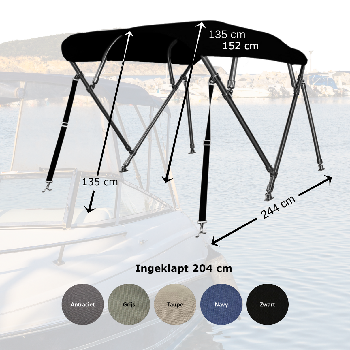 Sunmaster DeLuxe 4-boogs Biminitop – 232 cm | 25 mm RVS antraciet grijs