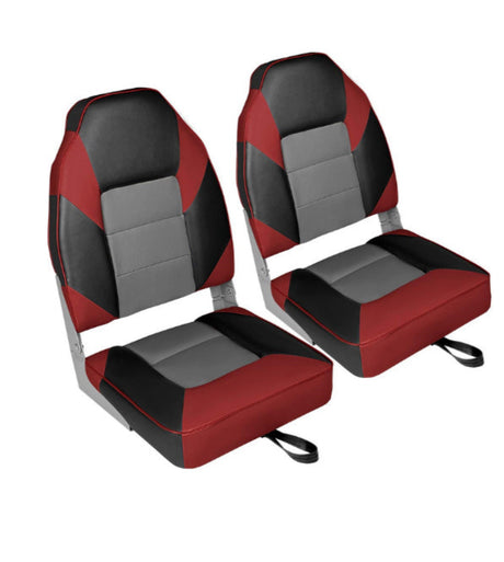 High Back bootstoel in grijs, steenkool en rood met hoge rugleuning, maritiem vinyl en ergonomisch ontwerp voor extra comfort aan boord.