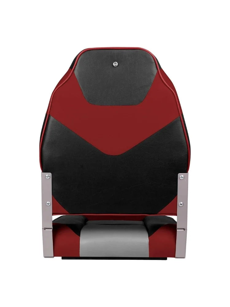 achter kant High Back bootstoel in grijs, steenkool en rood met hoge rugleuning, maritiem vinyl en ergonomisch ontwerp voor extra comfort aan boord.