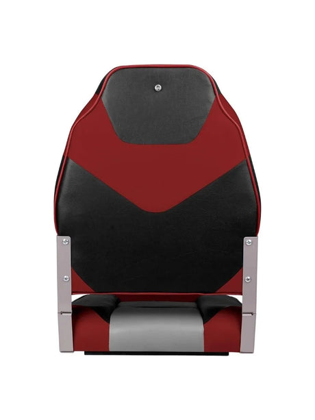 achter kant High Back bootstoel in grijs, steenkool en rood met hoge rugleuning, maritiem vinyl en ergonomisch ontwerp voor extra comfort aan boord.