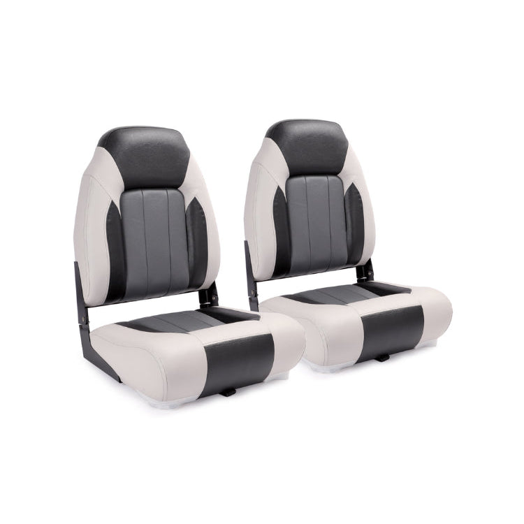 Grijs-houtskool High Back bootstoel met hoge rugleuning, inklapbaar ontwerp en maritiem vinyl voor comfortabel varen of vissen.