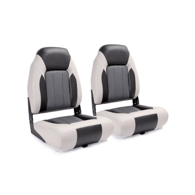 Grijs-houtskool High Back bootstoel met hoge rugleuning, inklapbaar ontwerp en maritiem vinyl voor comfortabel varen of vissen.