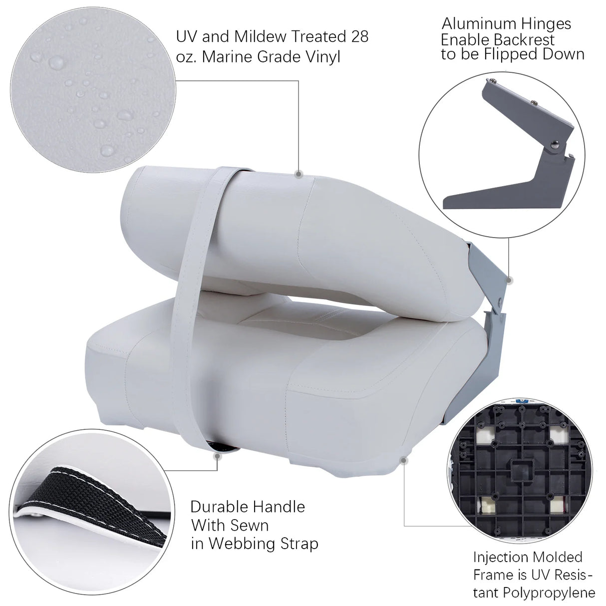 witte bootstoel vinyl compacte stoel voor boot met rugleuning technische foto