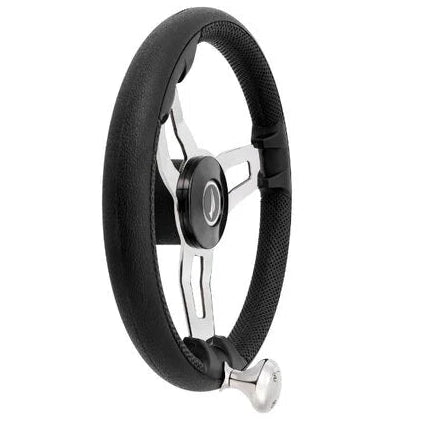 boot stuur zwart 35 cm met PU foam grip en RVS 3 spaaks ontwerp inclusief draaiknop zijkant