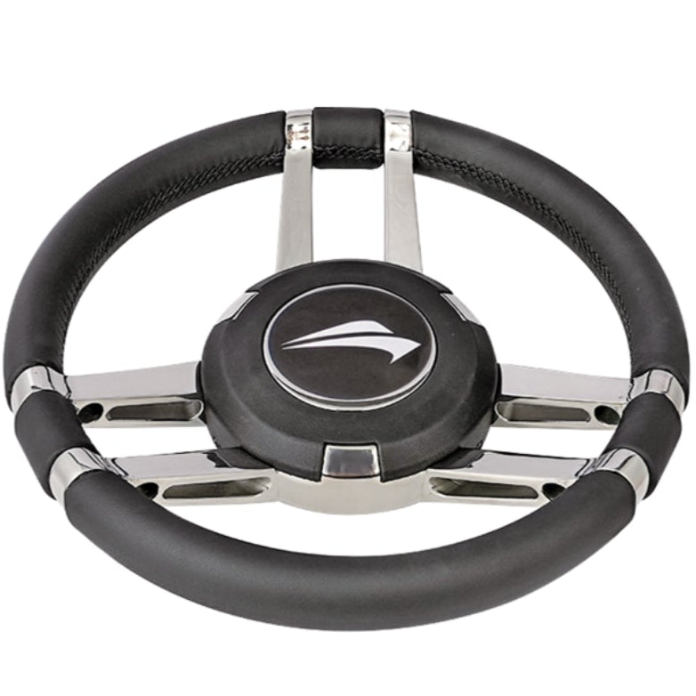RVS316 stuurwiel zwart Ø35 cm – heavy casted, spiegel gepolijst, maritiem leer, aluminium midden basis.