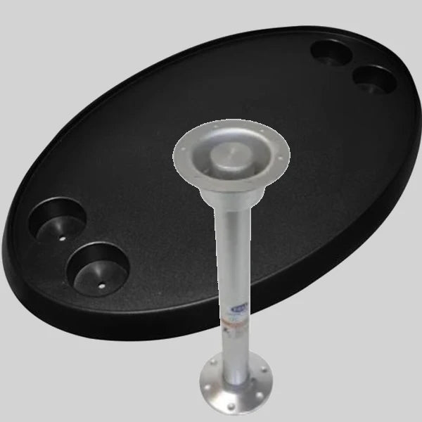 Oval black table top with table leg – complete and stable