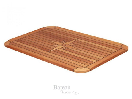 E Rechthoekig tafelblad van milieuvriendelijk plantage teak, met 4 mm opstaande rand, afgeronde hoeken, gerubberde naden en Nautic star, afmetingen 58x90 cm. - Bateau Bootservice