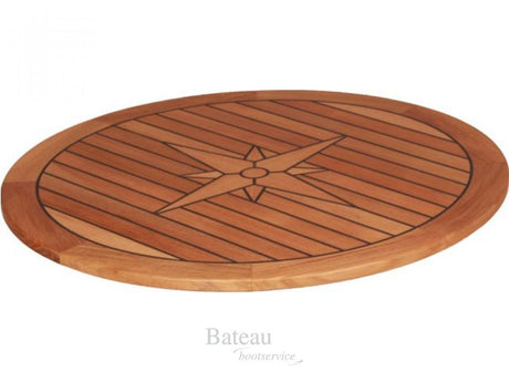 Rond teak tafelblad van het merk Eude, met gerubberde naden en Nautic star, bladdikte 16 mm, afmetingen Ø 65 cm. Bootservice