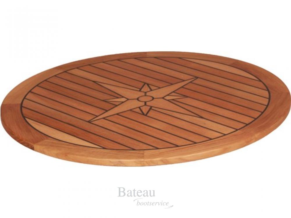Rond teak tafelblad van het merk Eude, met gerubberde naden en Nautic star, bladdikte 16 mm, afmetingen Ø 65 cm. Bootservice