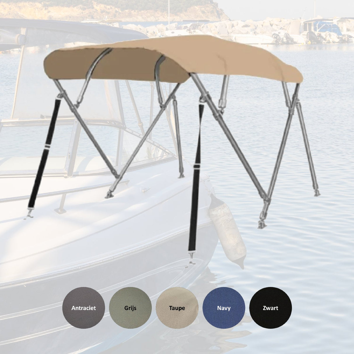 Sunmaster DeLuxe 4-boogs biminitop van 25 mm RVS, lengte 232 cm, hoogte 117 of 137 cm, met dik 600D doek – luxe en stevig voor intensief gebruik.