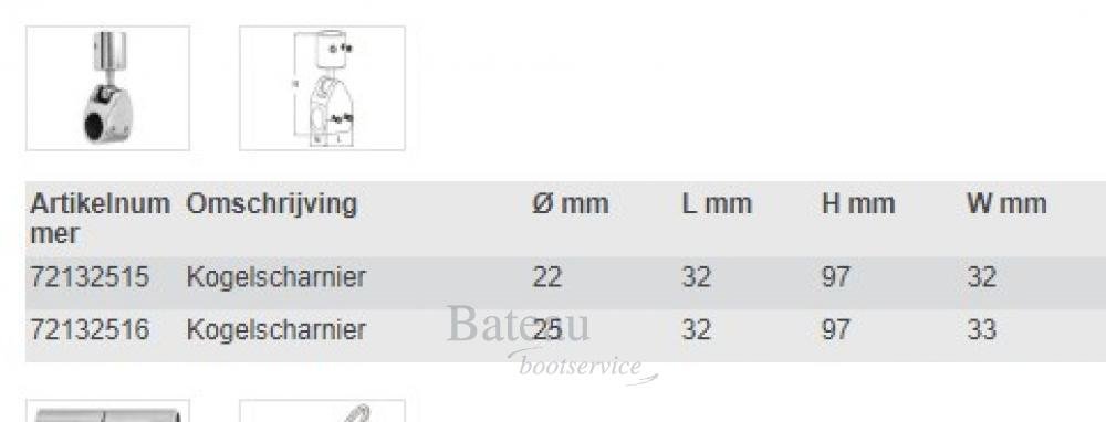 Kogelscharnier RVS 22/25 mm - Bateau Bootservice