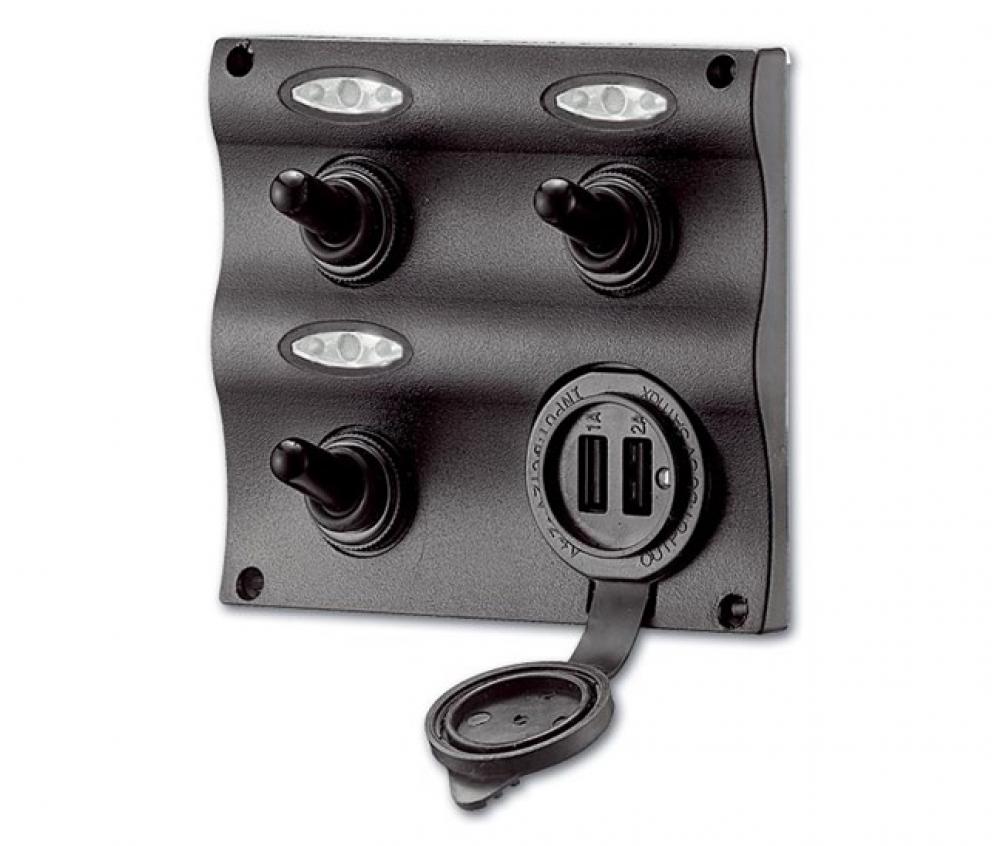 LED Schakelpaneel 12V / 3 tuimelaars & USB oplader - Bateau Bootservice