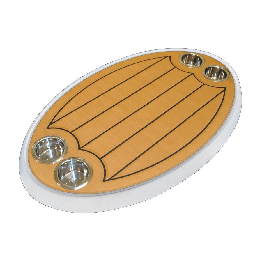 Kunststof ovaal tafelblad van 46x76 cm met UV-bestendig wit blad, lichtbruine inleg en RVS bekerhouders.- Bateau Bootservice