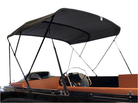 3-boog biminitop met zwart aluminium frame – 117 cm hoog, 183 cm lang, doek in zwart of antracietgrijs.