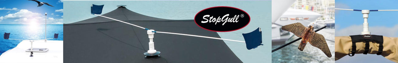 Verschillende StopGull hulpstukken, waaronder een zuignap en biminitopbeugel, gemonteerd op diverse locaties.