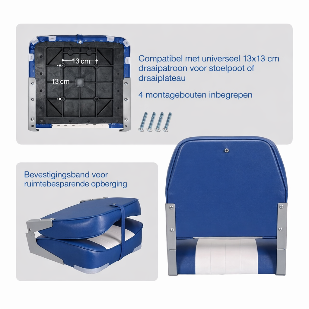 Lage rug bootstoel wit navy blauw opvouwbaar model 49x40x39 cm met 13x13 cm montagepatroon uitleg