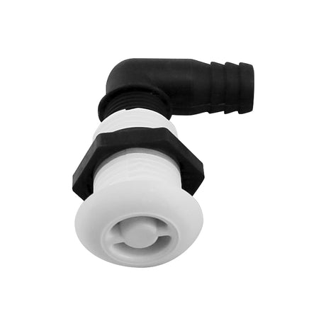 Witte 90° tankontluchting voor boot met Ø16 mm slangtule, compact ontwerp voor brandstof- en watertanks.