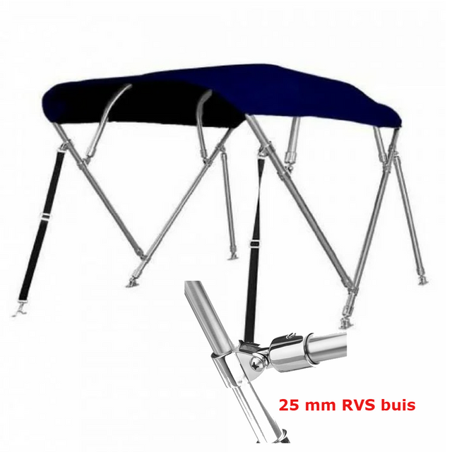 Sunmaster DeLuxe 4-boogs biminitop in navy blauw, 232 cm lang met 25 mm RVS frame en dik 600D doek. Keuze uit 117 of 137 cm hoogte.