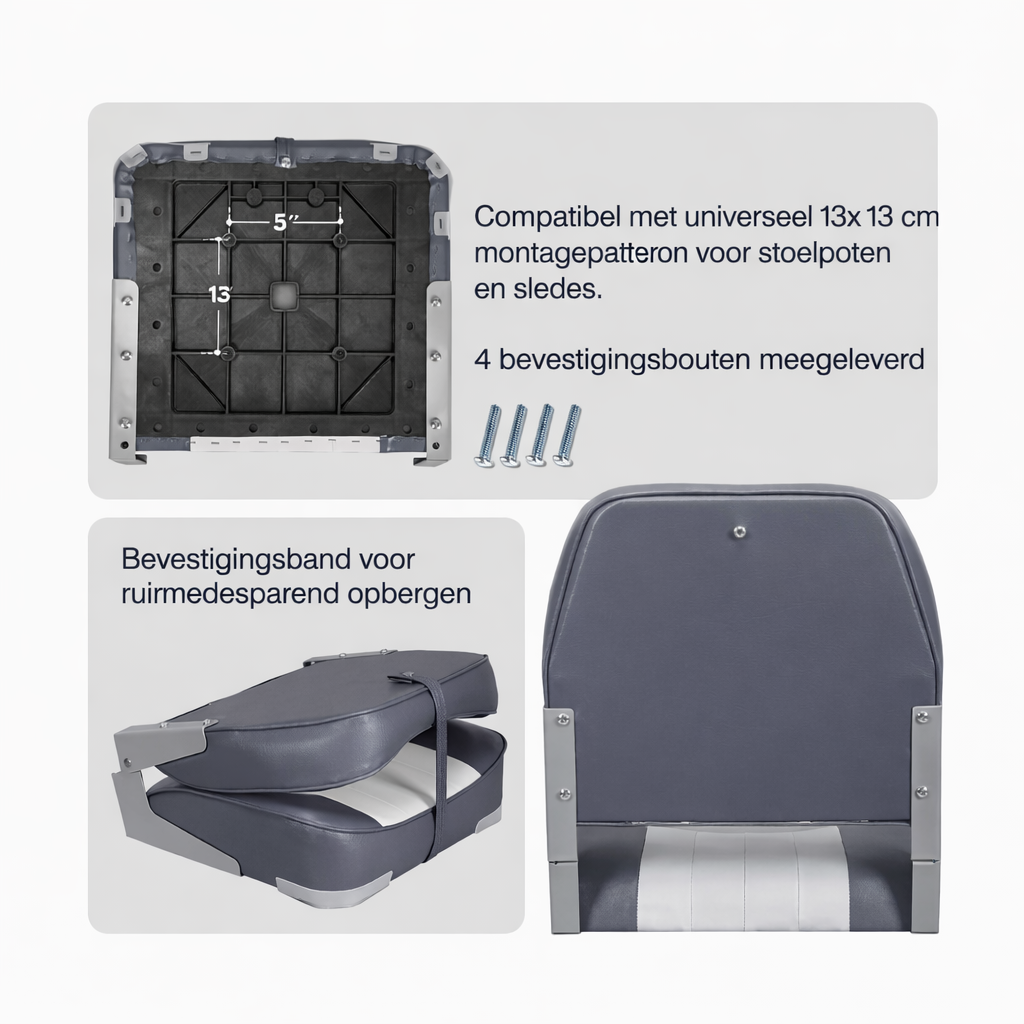 Lage rug bootstoel wit antraciet opvouwbaar model 49x40x39 cm met 13x13 cm montagepatroon uitleg