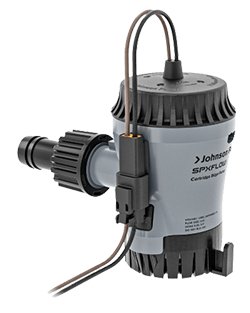 Johnson bilgepomp 500 GPH 12V met rechte en haakse 19 mm slangtule, plug & play kabelboom en corrosiebestendige behuizing.