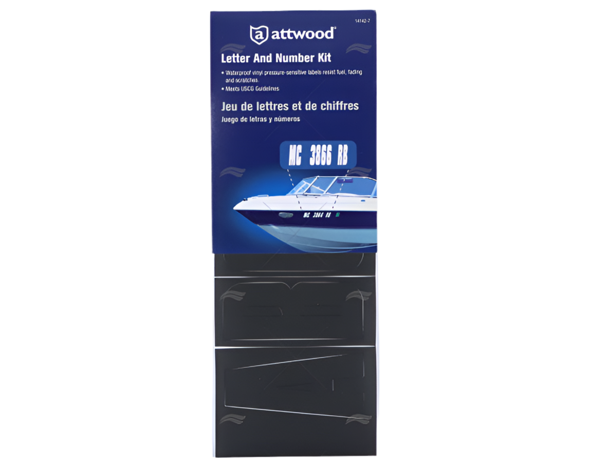 Zwarte letter- en nummerstickerset 148-delig van Attwood, 7,2 cm hoog voor bootregistratie en naamstickers.