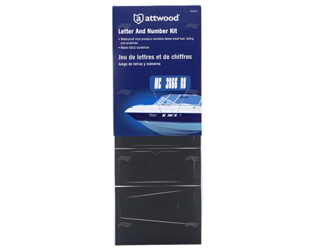 Zwarte letter- en nummerstickerset 148-delig van Attwood, 7,2 cm hoog voor bootregistratie en naamstickers.