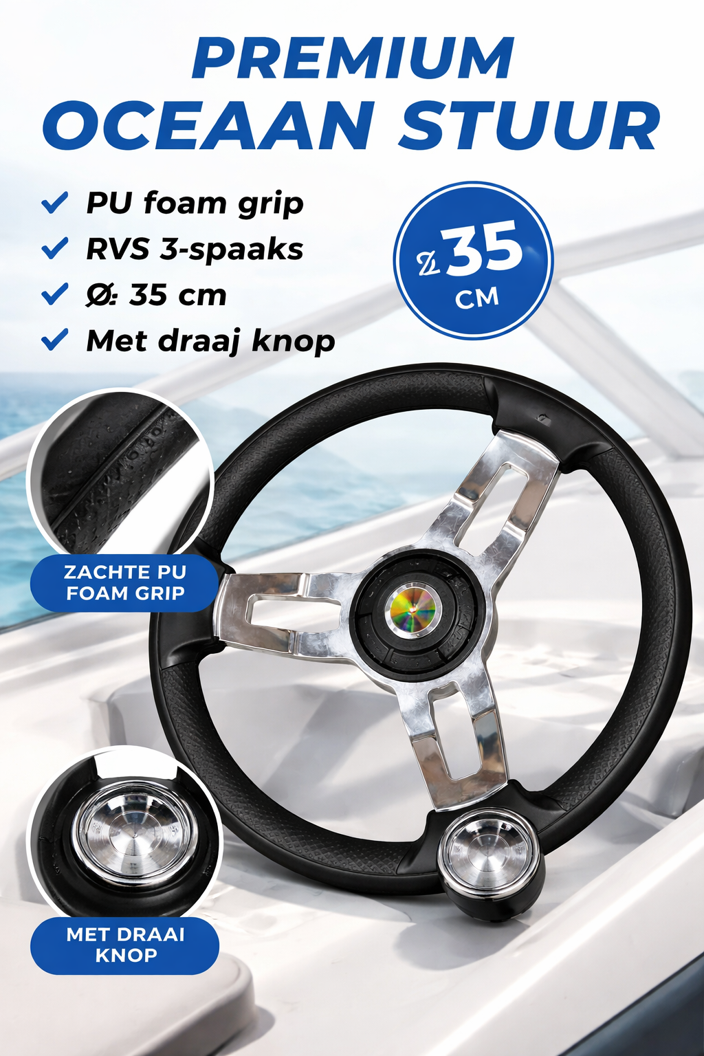 Boot stuur zwart Ø35 cm – PU foam grip met RVS 3-spaaks design en draaiknop