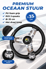 Boot stuur zwart Ø35 cm – PU foam grip met RVS 3-spaaks design en draaiknop