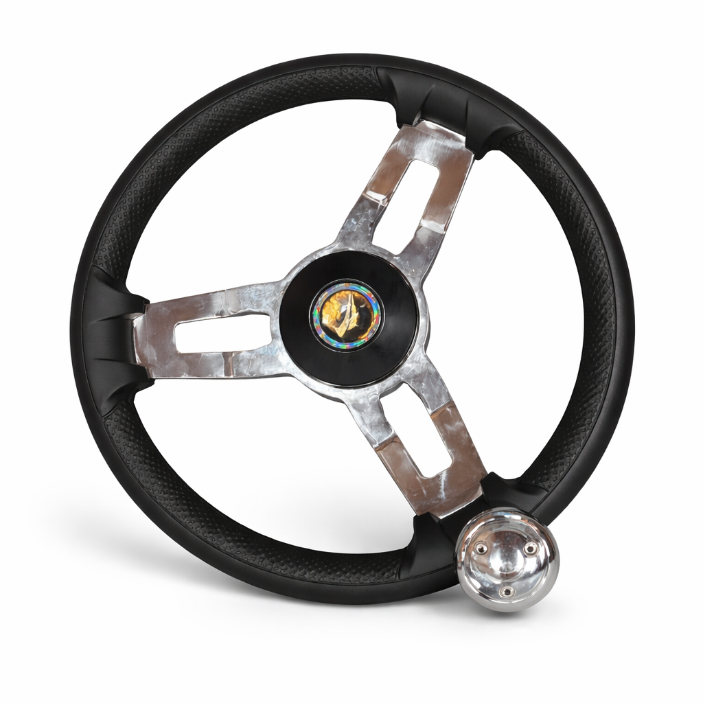 boot stuur zwart 35 cm met PU foam grip en RVS 3 spaaks ontwerp inclusief draaiknop voorkant
