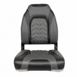Zwart met grijze opvouwbare bootstoel met hoge rugleuning, afmetingen 55 cm hoog, 41 cm breed en 38 cm diep, met metalen scharnieren en bevestigingsband. afmetingen