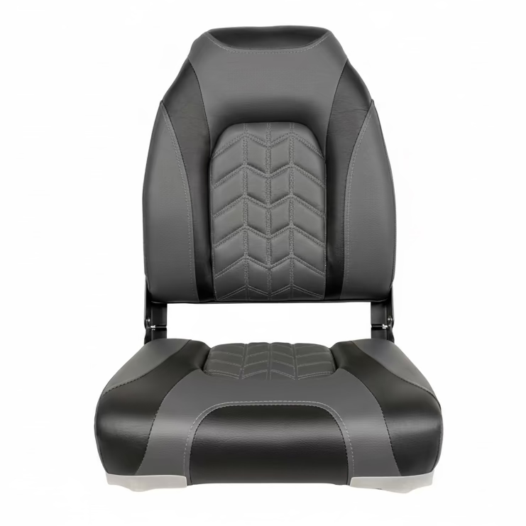 Zwart met grijze opvouwbare bootstoel met hoge rugleuning, afmetingen 55 cm hoog, 41 cm breed en 38 cm diep, met metalen scharnieren en bevestigingsband. afmetingen