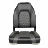 Zwart met grijze opvouwbare bootstoel met hoge rugleuning, afmetingen 55 cm hoog, 41 cm breed en 38 cm diep, met metalen scharnieren en bevestigingsband. afmetingen