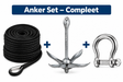 Complete ankerset met zwarte ankerlijn, opvouwbaar gegalvaniseerd anker en RVS harpsluiting voor gebruik op de boot.