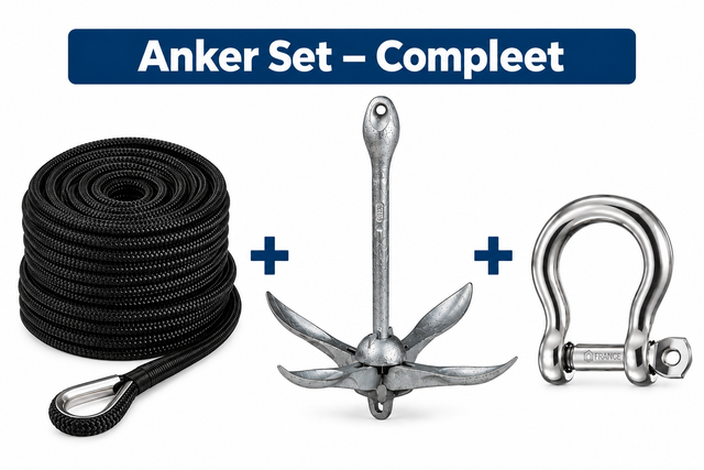 Complete ankerset met zwarte ankerlijn, opvouwbaar gegalvaniseerd anker en RVS harpsluiting voor gebruik op de boot.