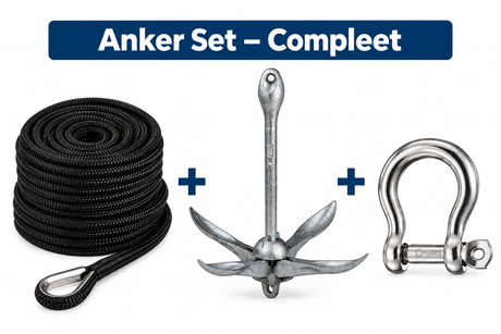 Complete ankerset met zwarte ankerlijn, opvouwbaar gegalvaniseerd anker en RVS harpsluiting voor gebruik op de boot.