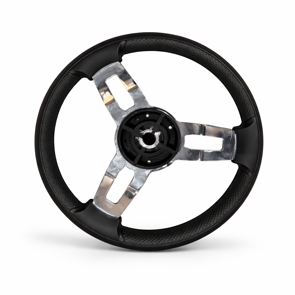 boot stuur zwart 35 cm met PU foam grip en RVS 3 spaaks ontwerp inclusief draaiknop achterkant