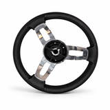 boot stuur zwart 35 cm met PU foam grip en RVS 3 spaaks ontwerp inclusief draaiknop achterkant