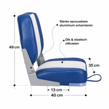 Lage rug bootstoel wit navy blauw opvouwbaar model 49x40x39 cm met 13x13 cm montagepatroon technische tekening 