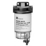 Easterner C14573P benzinefilter met glazen kijkglas, 10 micron AquaStop cartridge, 3/8” messing aansluitingen en aftapkraan. vooraanzicht