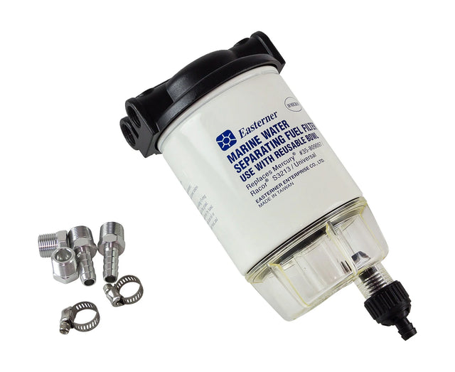 Easterner C14573P benzinefilter met glazen kijkglas, 10 micron AquaStop cartridge, 3/8” messing aansluitingen en aftapkraan.
