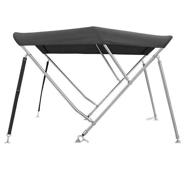 Antracietgrijze 3-boogs biminitop van RVS 22 mm met doek, hoes en achtersteunen, lengte 183 cm, hoogte naar keuze 91/117/137 cm.