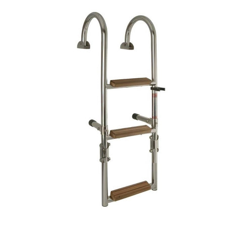 Opklapbare RVS zwemtrap met teak antislip treden voor montage op de spiegel van een boot 3 treden