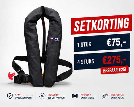 Automatisch reddingsvest 170N met CE 150N en ISO 12402 keuring. Comfortabel, compact en voorzien van CO2 patroon, fluitje en RVS gesp.