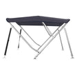 Zwarte 3-boogs biminitop van RVS 22 mm met doek, hoes en achtersteunen, lengte 183 cm, hoogte naar keuze 91/117/137 cm.
