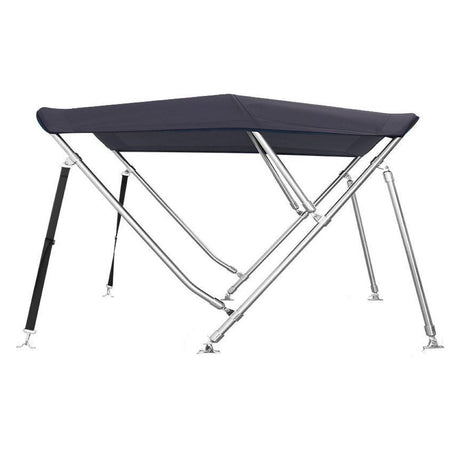 Zwarte 3-boogs biminitop van RVS 22 mm met doek, hoes en achtersteunen, lengte 183 cm, hoogte naar keuze 91/117/137 cm.