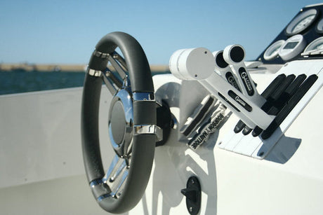 Zwart boot stuurwiel van RVS 316 met lederen grip en gepolijste spaken van 35 cm