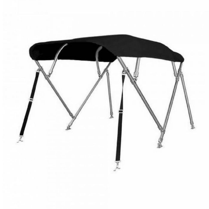 Zwarte 4-boogs biminitop van RVS 22 mm met doek, hoes en achtersteunen, lengte 244 cm, hoogte 137 cm.